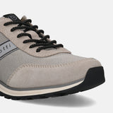 Taupe leather sneakers by bugatti, featuring black speckled laces and a patterned outsole.