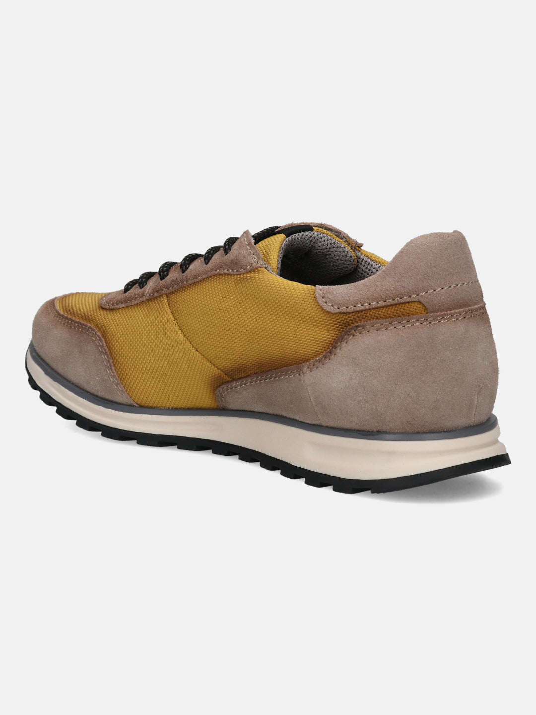 Taupe and mustard sneaker by Bugatti, with suede and textile panels, and a two-tone sole.