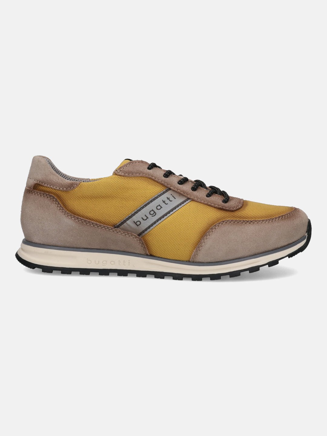 Taupe leather and canvas sneakers by bugatti, with black laces and rubber soles.