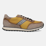 Taupe leather and canvas sneakers by bugatti, with black laces and rubber soles.