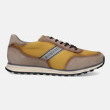 Taupe leather and canvas sneakers by bugatti, with black laces and rubber soles.
