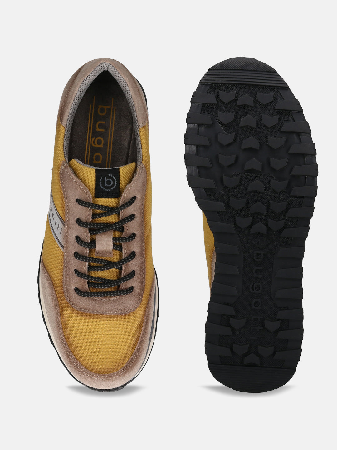 Taupe sneakers by bugatti featuring black laces and a rugged, textured black sole.