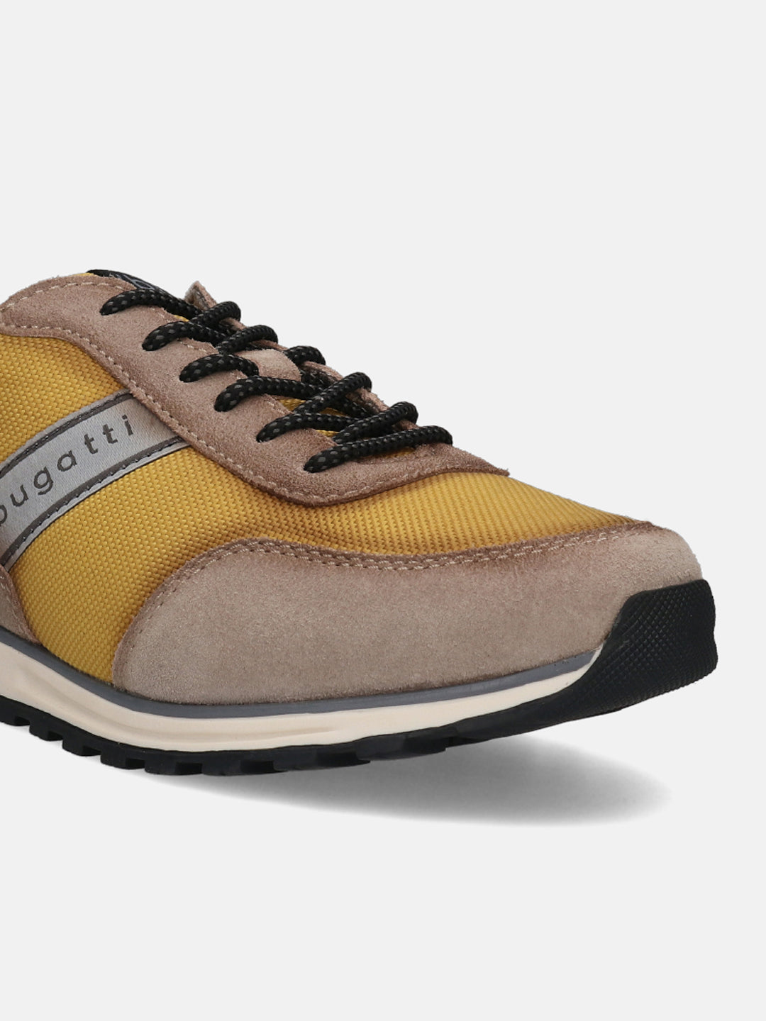Taupe leather sneaker by bugatti, featuring yellow nylon fabric and black laces.