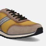 Taupe leather sneaker by bugatti, featuring yellow nylon fabric and black laces.