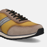 Taupe leather sneaker by bugatti, featuring yellow nylon fabric and black laces.