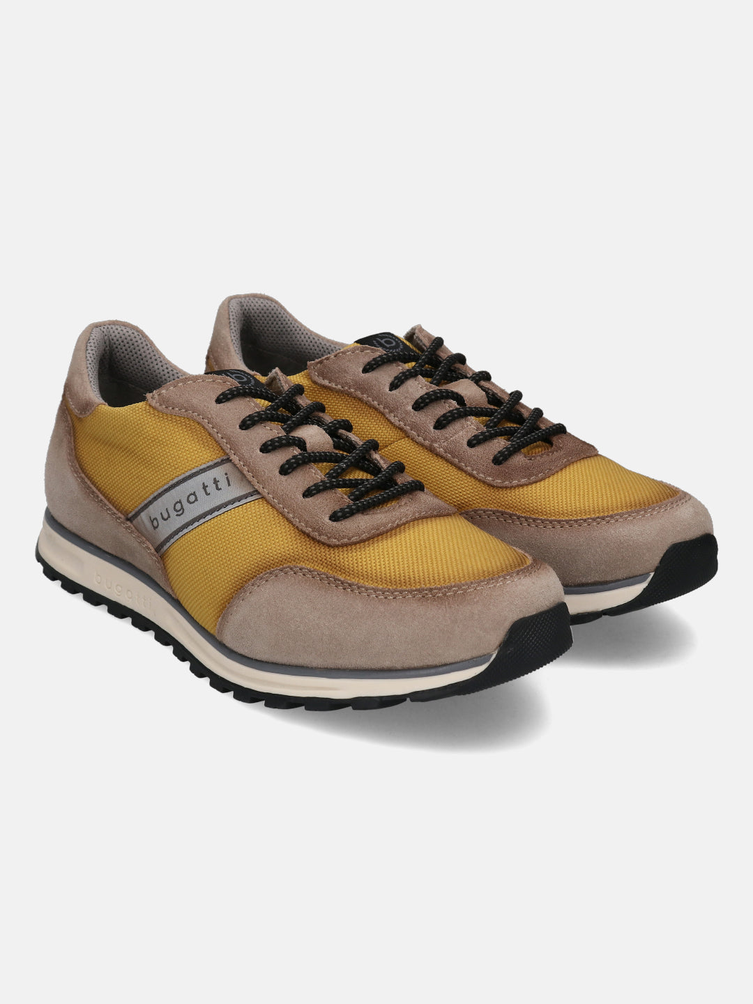 Taupe leather sneakers by bugatti with golden textile elements and black laces.