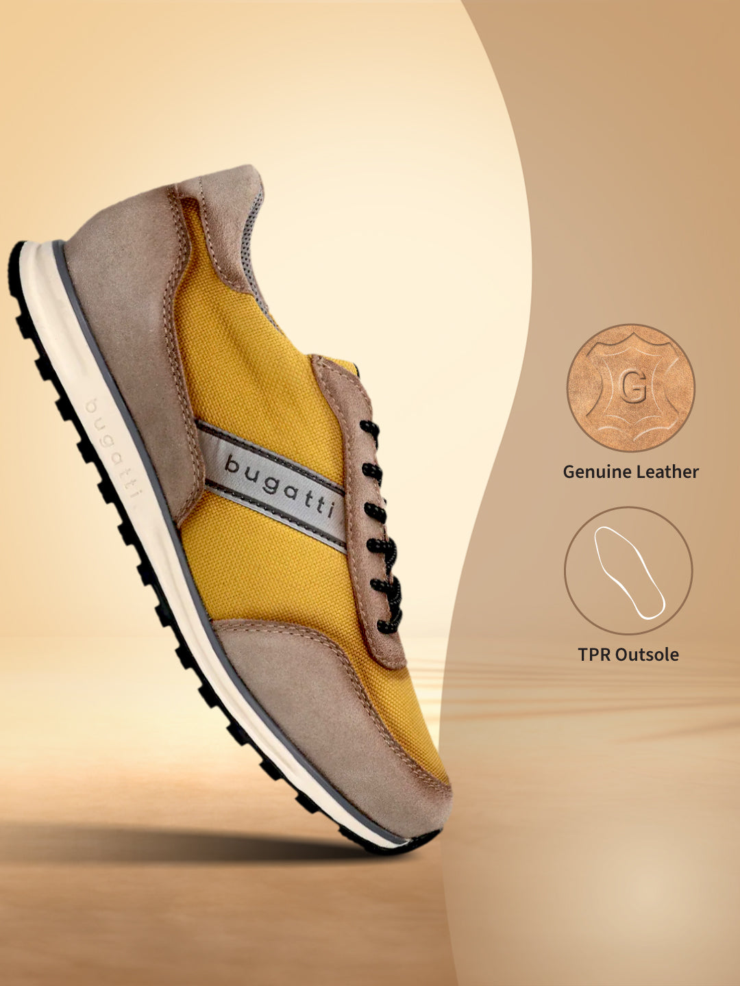 Side view of the bugatti Cirino Taupe Premium Leather Comfort Mid Top Sneaker, with a yellow fabric body and brown suede accents.