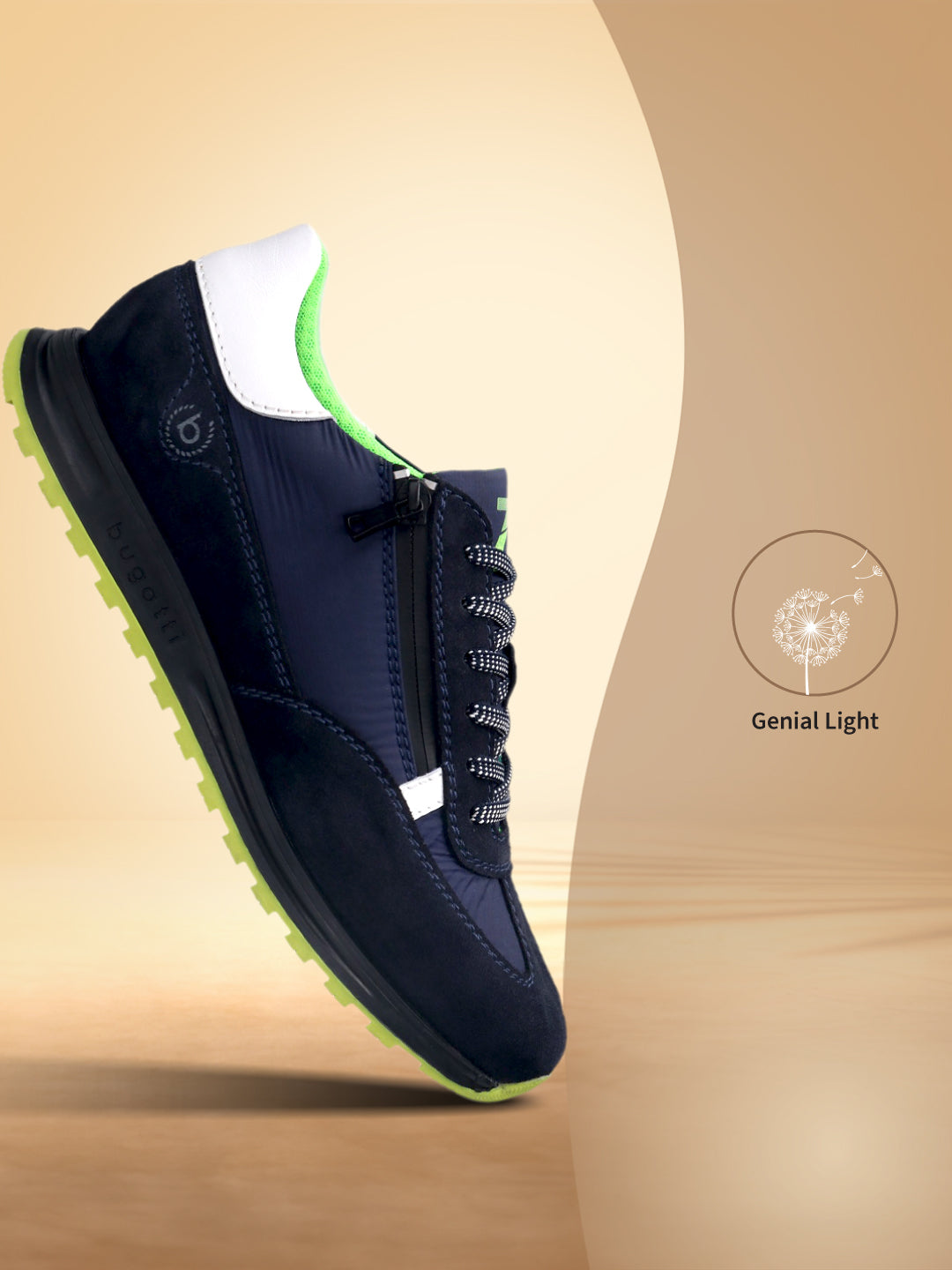 Side view of a bugatti Cirino dark blue sneaker with premium leather, a zipper, and green soles.