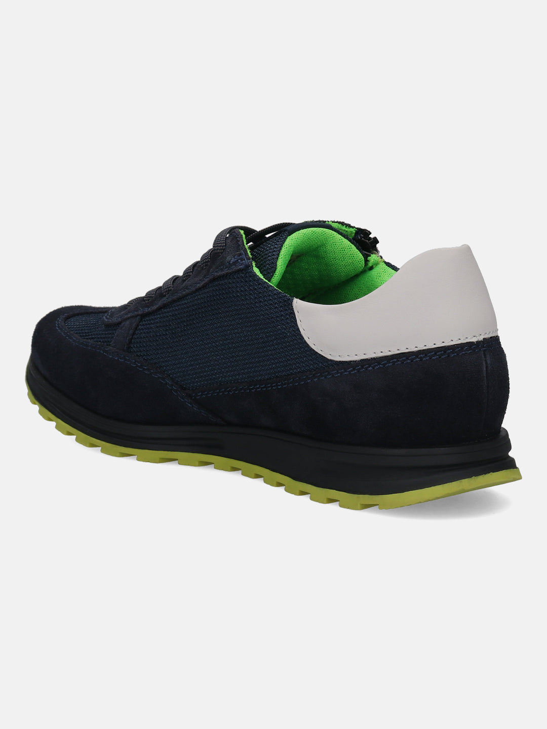 Dark blue leather sneaker by bugatti with a light gray heel accent and a lime green sole.