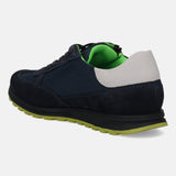 Dark blue leather sneaker by bugatti with a light gray heel accent and a lime green sole.
