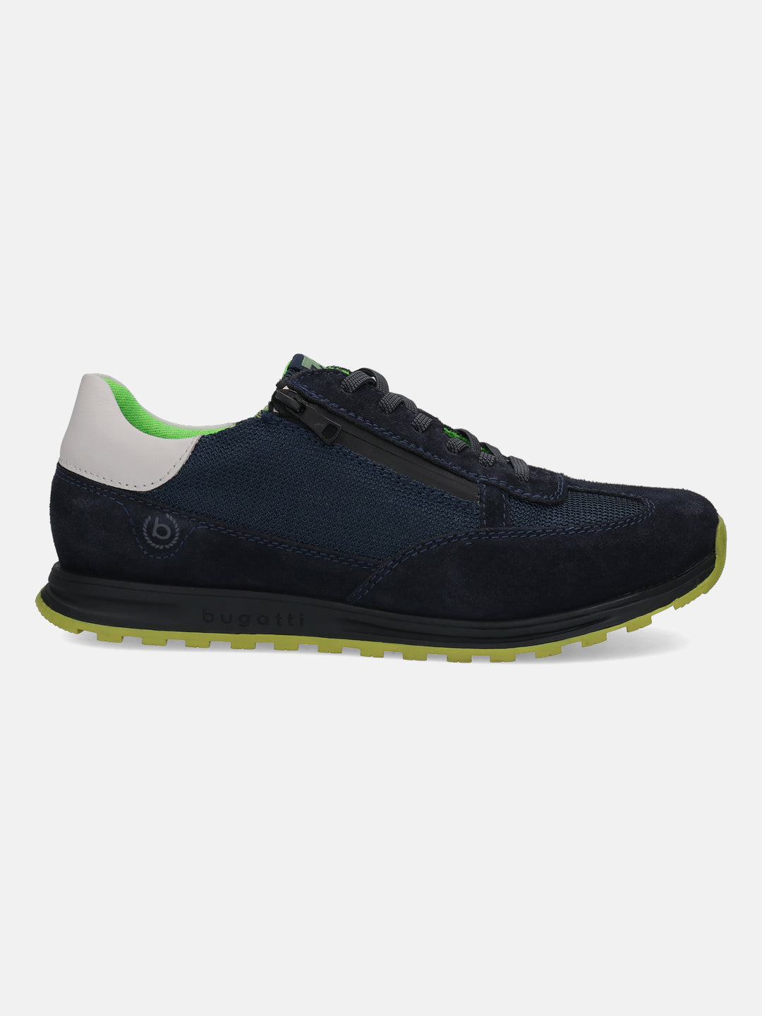Dark blue leather sneaker by bugatti with a side zipper, a white heel accent and a neon green sole.