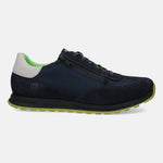 Dark blue leather sneaker by bugatti with a side zipper, a white heel accent and a neon green sole.