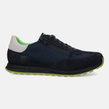 Dark blue leather sneaker by bugatti with a side zipper, a white heel accent and a neon green sole.