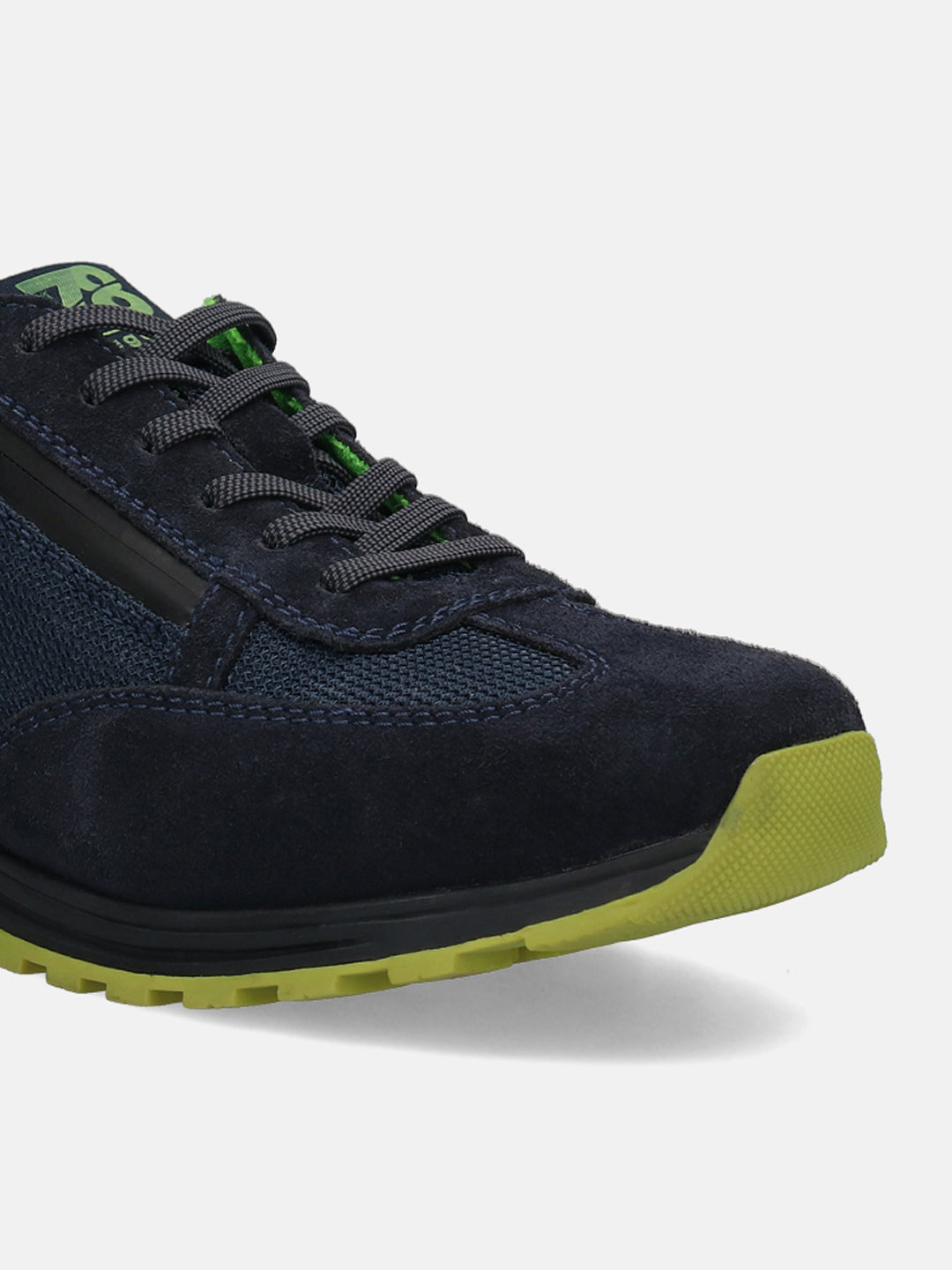 Dark blue leather sneaker by bugatti, with a green sole, and textured laces.