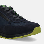 Dark blue leather sneaker by bugatti, with a green sole, and textured laces.