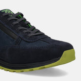 Dark blue leather sneaker by bugatti, with a green sole, and textured laces.