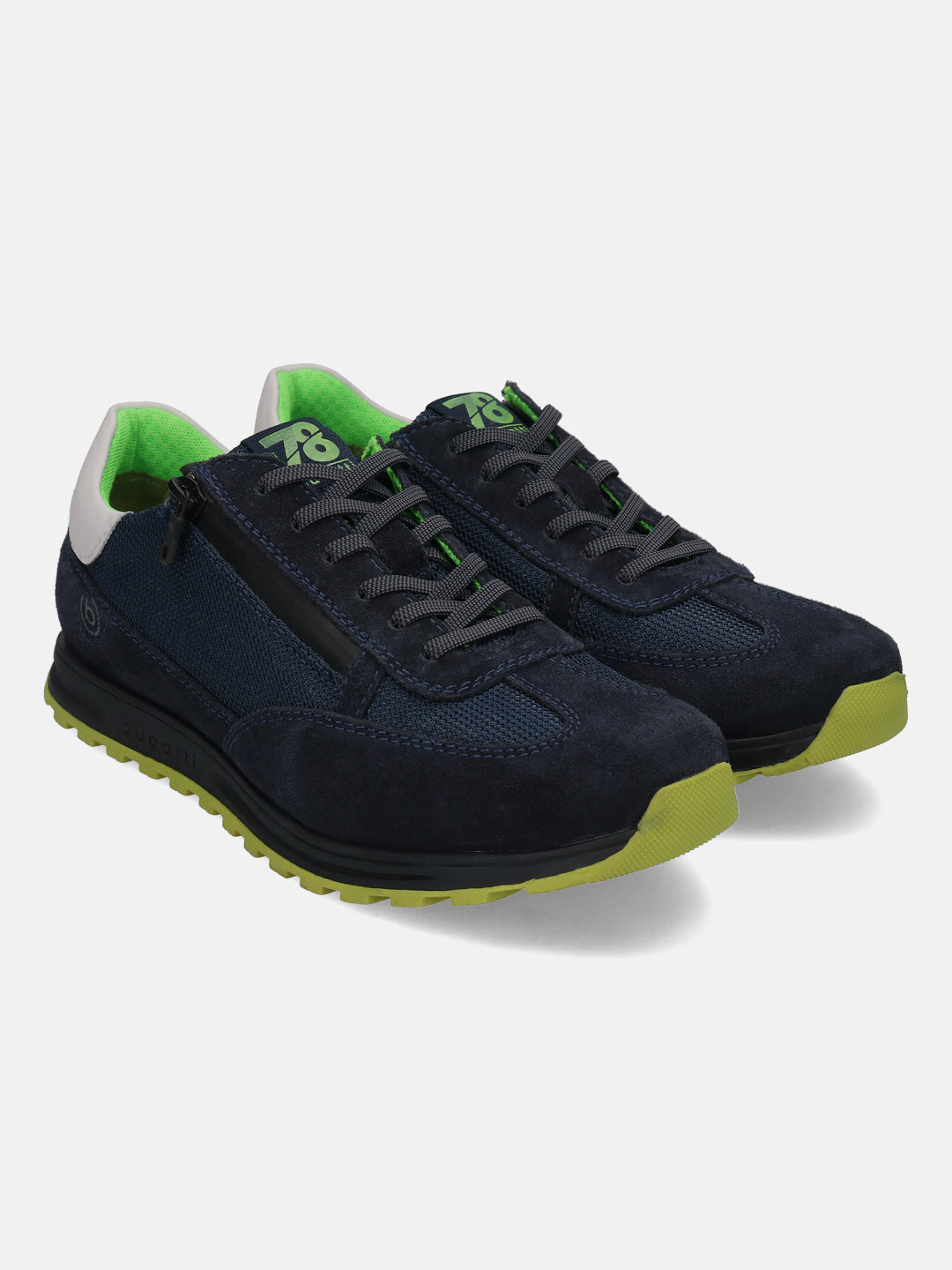 Dark blue leather sneakers by bugatti, with green accents on the soles and interior.