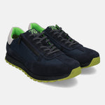 Dark blue leather sneakers by bugatti, with green accents on the soles and interior.
