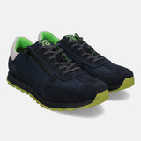 Dark blue leather sneakers by bugatti, with green accents on the soles and interior.