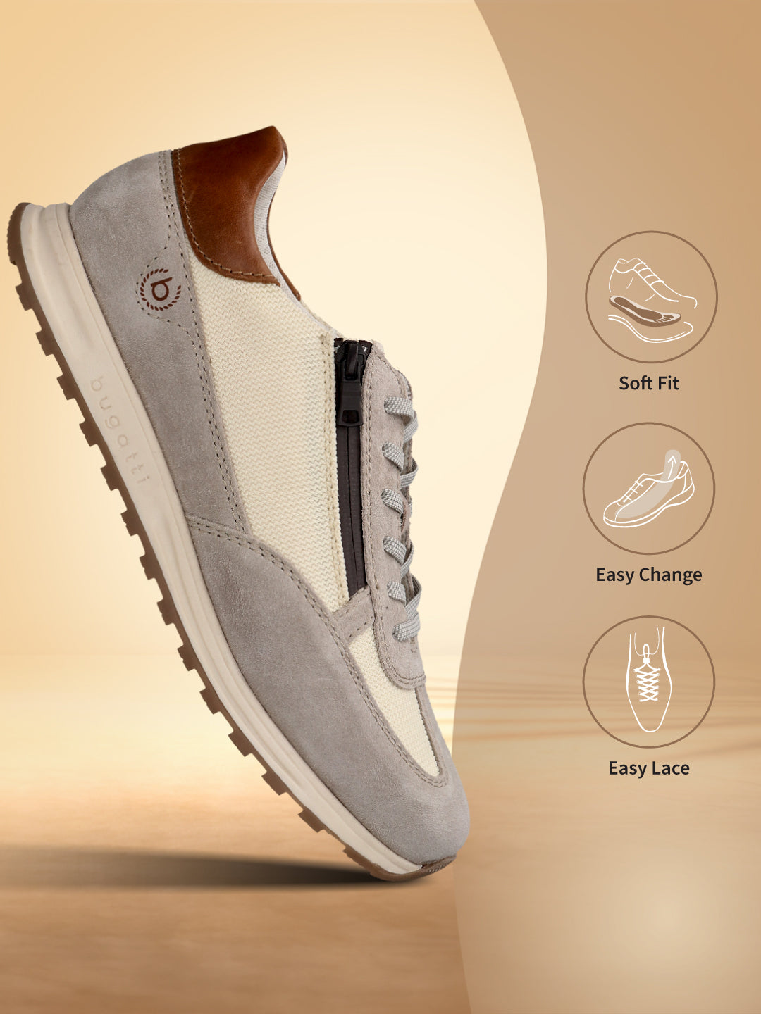 Bugatti Cirino Sand shoe in a side view featuring a gray suede and beige canvas upper, with a brown leather accent.
