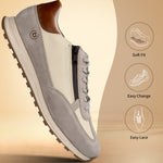Bugatti Cirino Sand shoe in a side view featuring a gray suede and beige canvas upper, with a brown leather accent.
