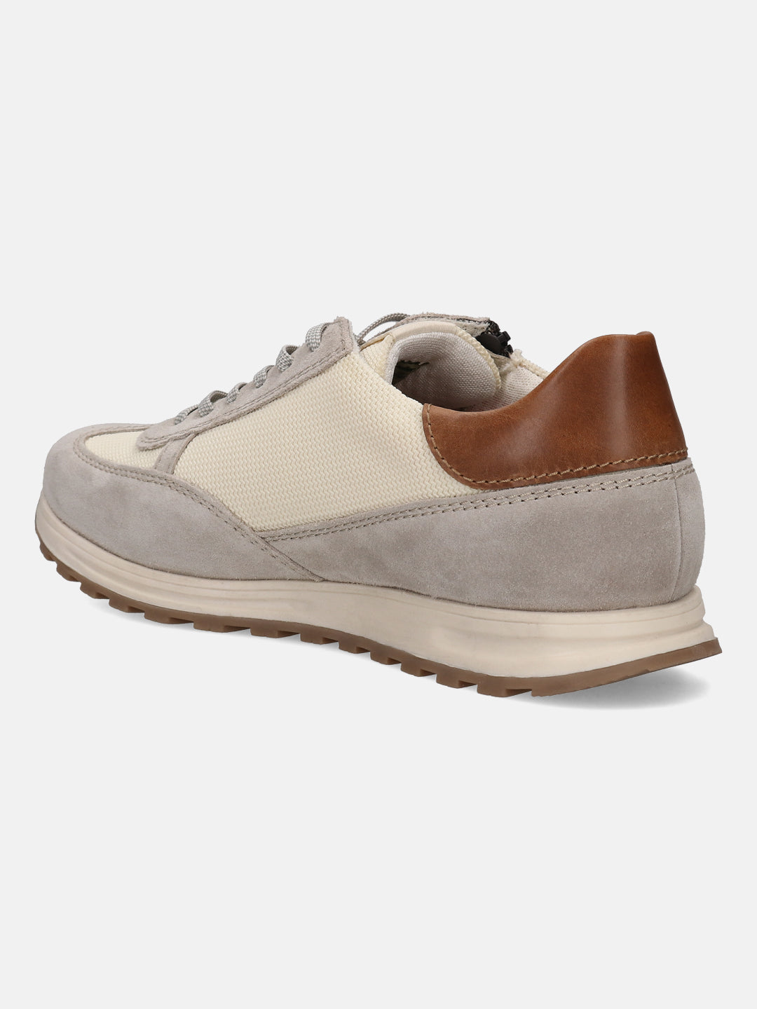 Sand-colored leather and textile sneaker by Bugatti with a brown heel accent.