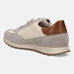 Sand-colored leather and textile sneaker by Bugatti with a brown heel accent.