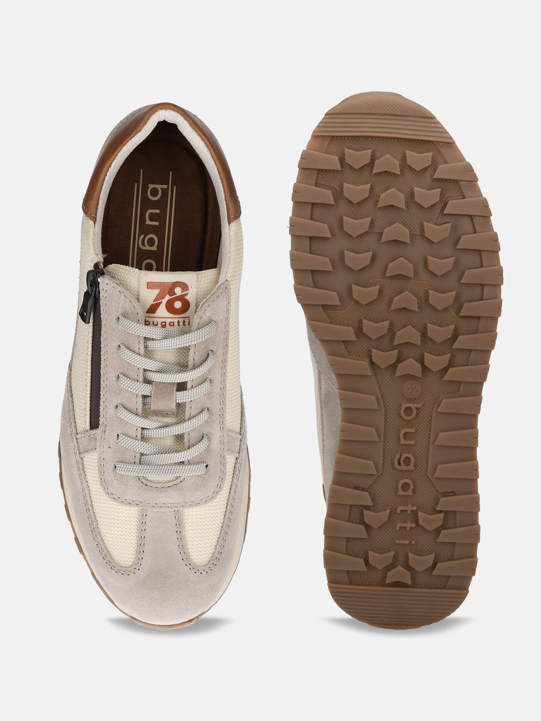 Sand-colored premium leather comfort sneakers by bugatti, featuring a zipper detail and ridged brown sole.