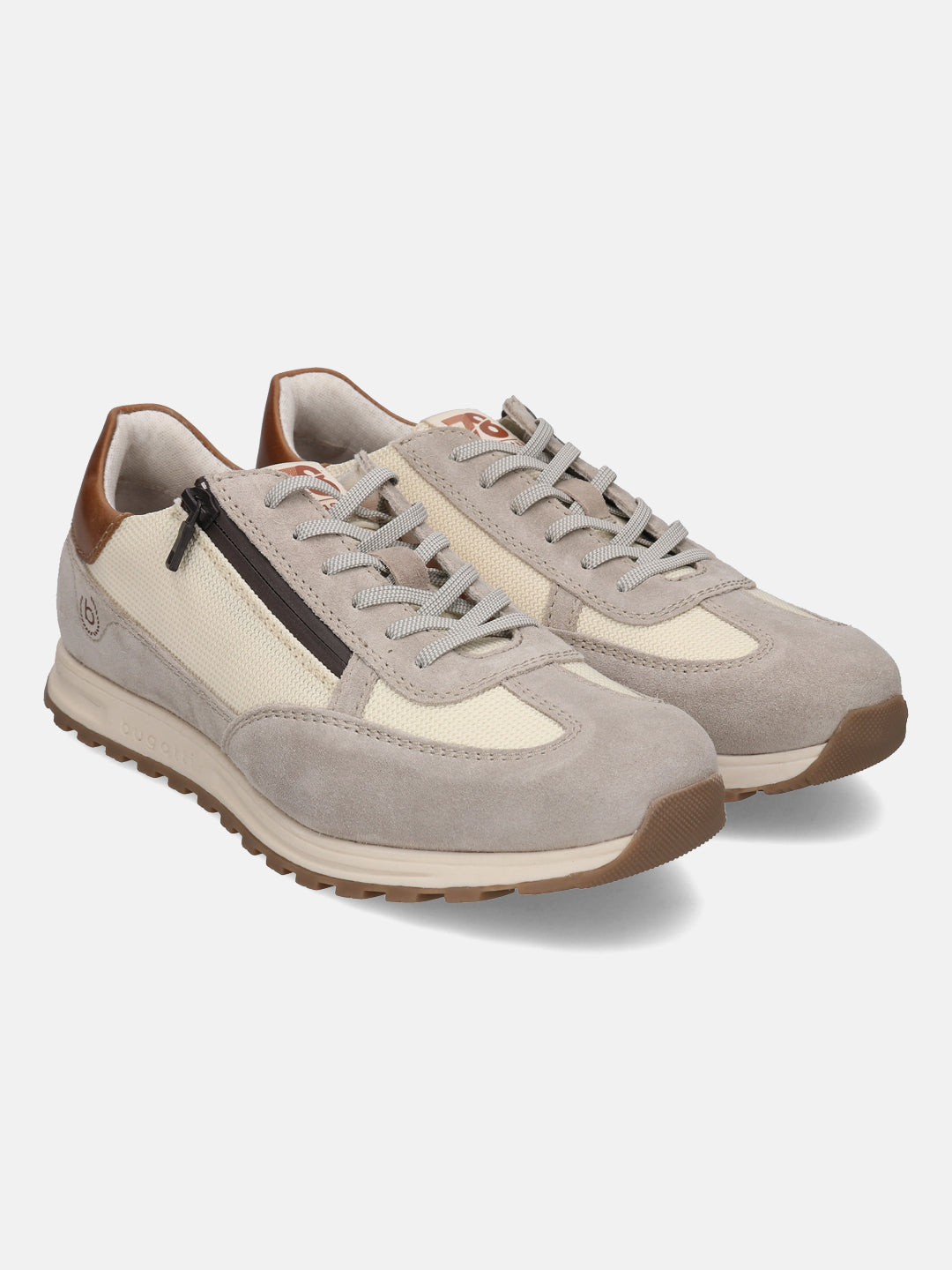 Sand and suede sneakers by bugatti with a brown zipper detail and light grey laces.