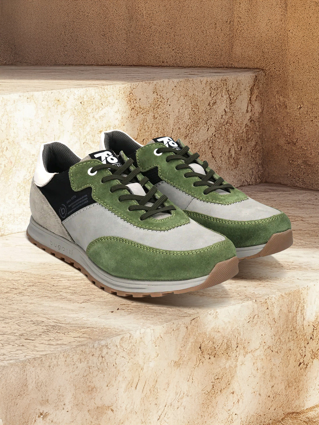 bugatti Cirino green sneakers featuring premium leather, with olive green and light gray suede accents.