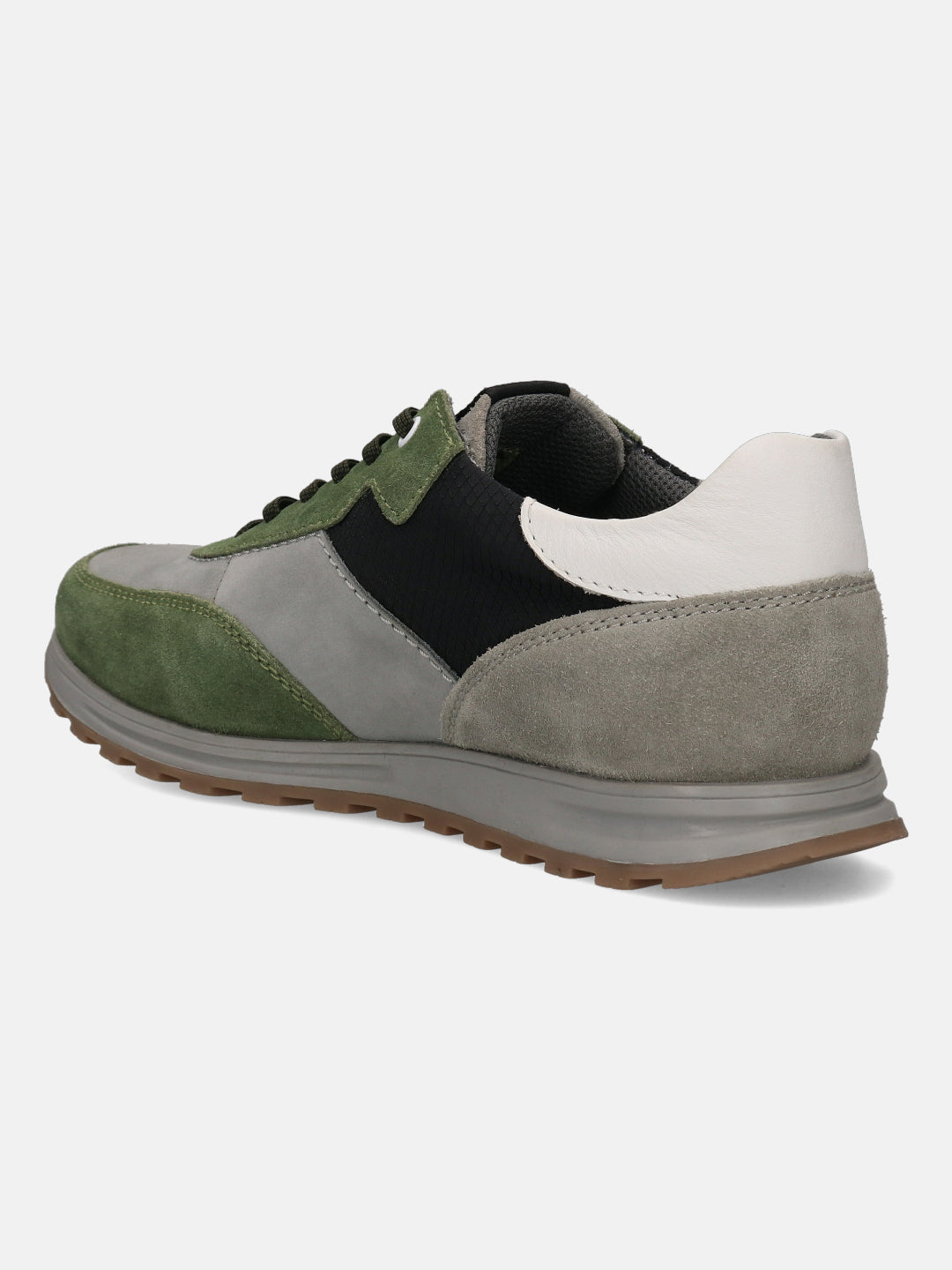 Green and grey sneaker by bugatti with a white heel, laces and treaded sole.