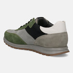 Green and grey sneaker by bugatti with a white heel, laces and treaded sole.