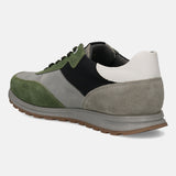Green and grey sneaker by bugatti with a white heel, laces and treaded sole.
