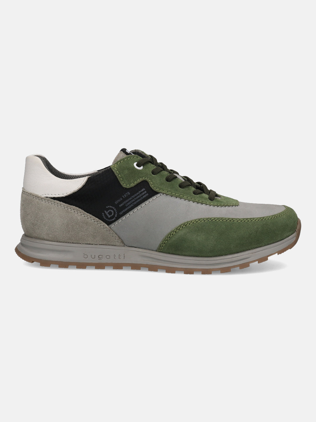Green leather sneaker by Bugatti, featuring gray suede accents and dark green laces.