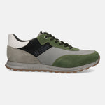 Green leather sneaker by Bugatti, featuring gray suede accents and dark green laces.