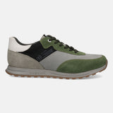 Green leather sneaker by Bugatti, featuring gray suede accents and dark green laces.