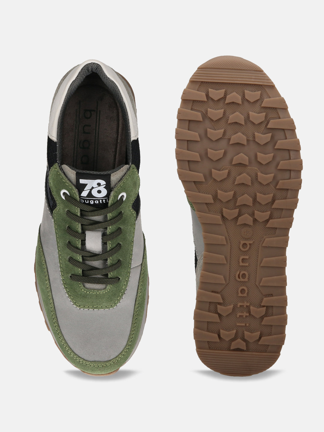 Green and gray leather sneaker by bugatti, featuring olive laces and a lugged brown outsole.