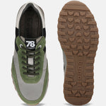 Green and gray leather sneaker by bugatti, featuring olive laces and a lugged brown outsole.