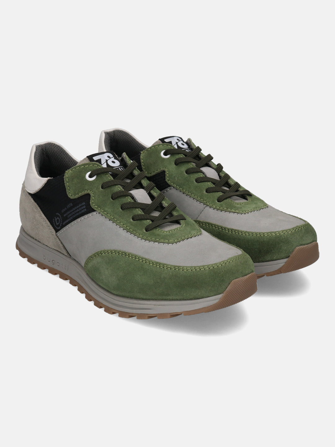 Green and gray mid-top sneakers by bugatti, with suede leather accents and dark green laces.