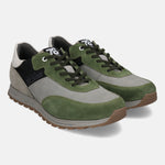 Green and gray mid-top sneakers by bugatti, with suede leather accents and dark green laces.