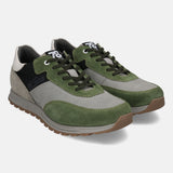 Green and gray mid-top sneakers by bugatti, with suede leather accents and dark green laces.