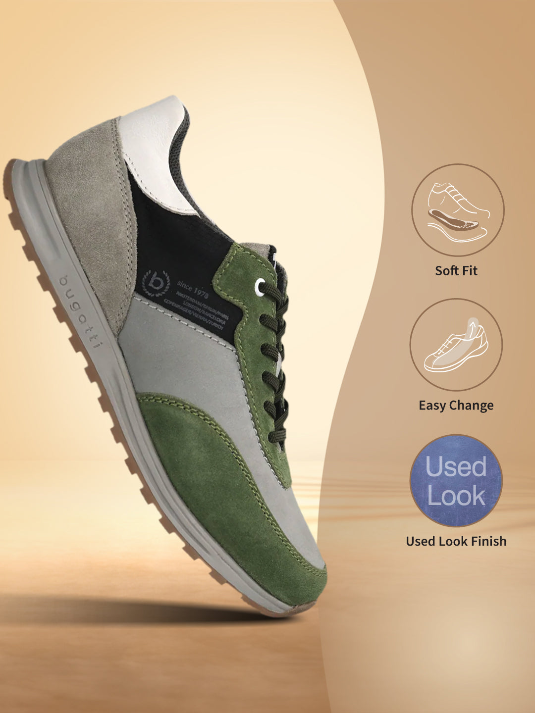 Bugatti Cirino Green Premium Leather Comfort Mid Top Sneakers featuring green, gray and white panels and black laces.
