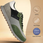 Bugatti Cirino Green Premium Leather Comfort Mid Top Sneakers featuring green, gray and white panels and black laces.
