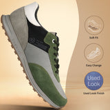 Bugatti Cirino Green Premium Leather Comfort Mid Top Sneakers featuring green, gray and white panels and black laces.

