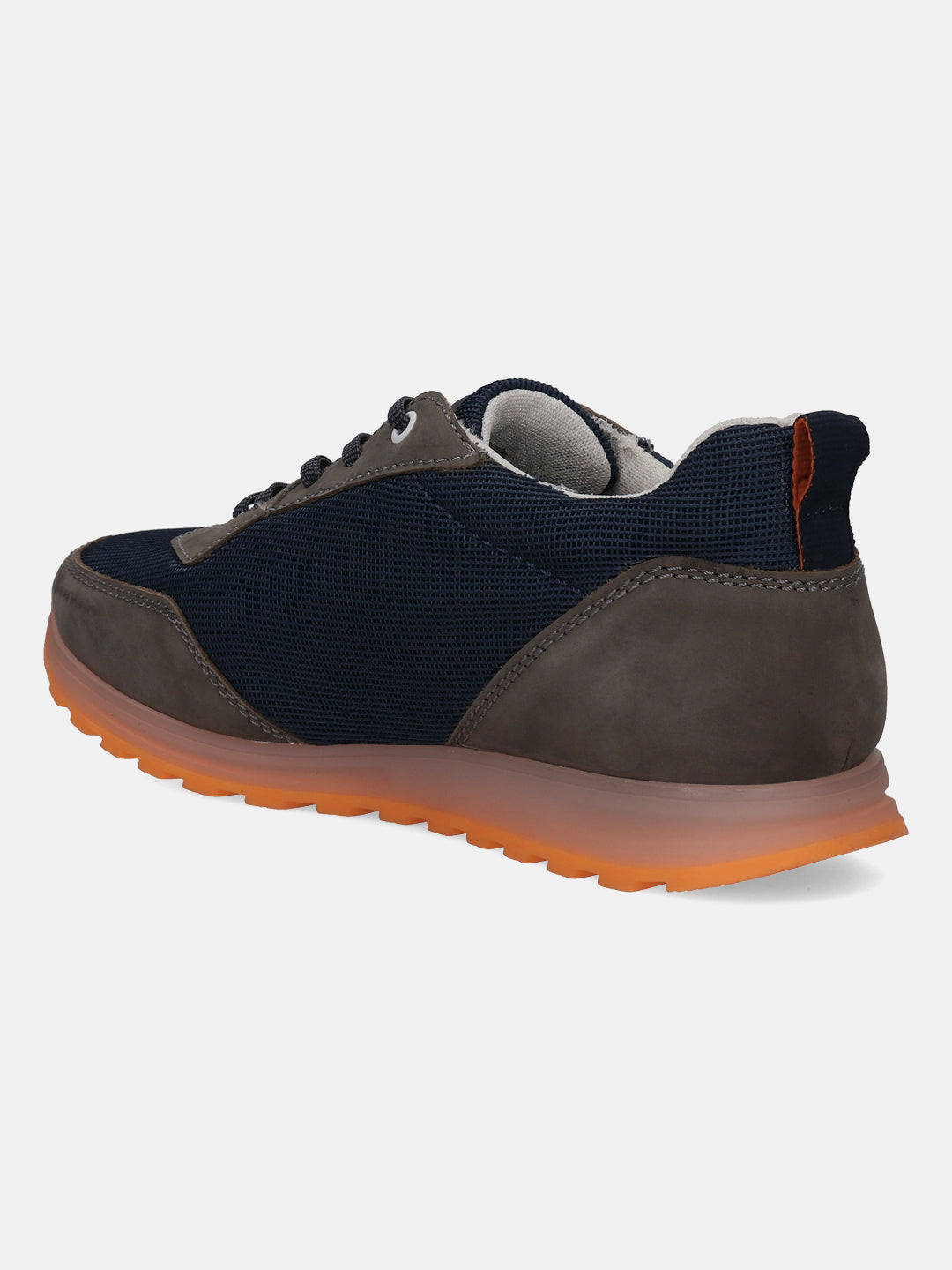 Dark grey comfort sneakers by bugatti with orange sole and dark blue mesh upper.