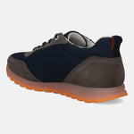 Dark grey comfort sneakers by bugatti with orange sole and dark blue mesh upper.