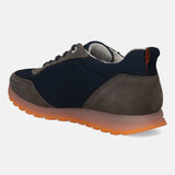 Dark grey comfort sneakers by bugatti with orange sole and dark blue mesh upper.