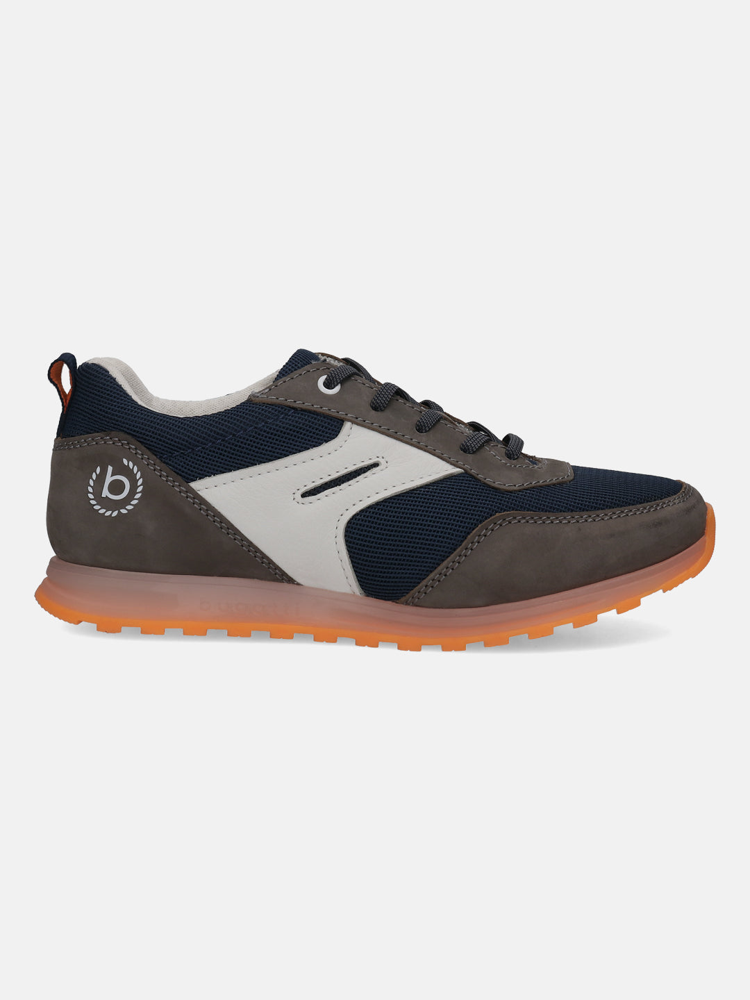 Dark gray sneaker by bugatti, with navy mesh, white accents, and an orange sole.