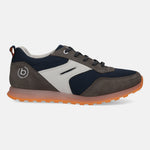 Dark gray sneaker by bugatti, with navy mesh, white accents, and an orange sole.