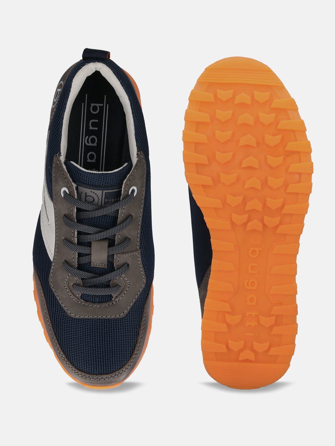Dark grey running shoe by bugatti with navy mesh and orange rubber soles.
